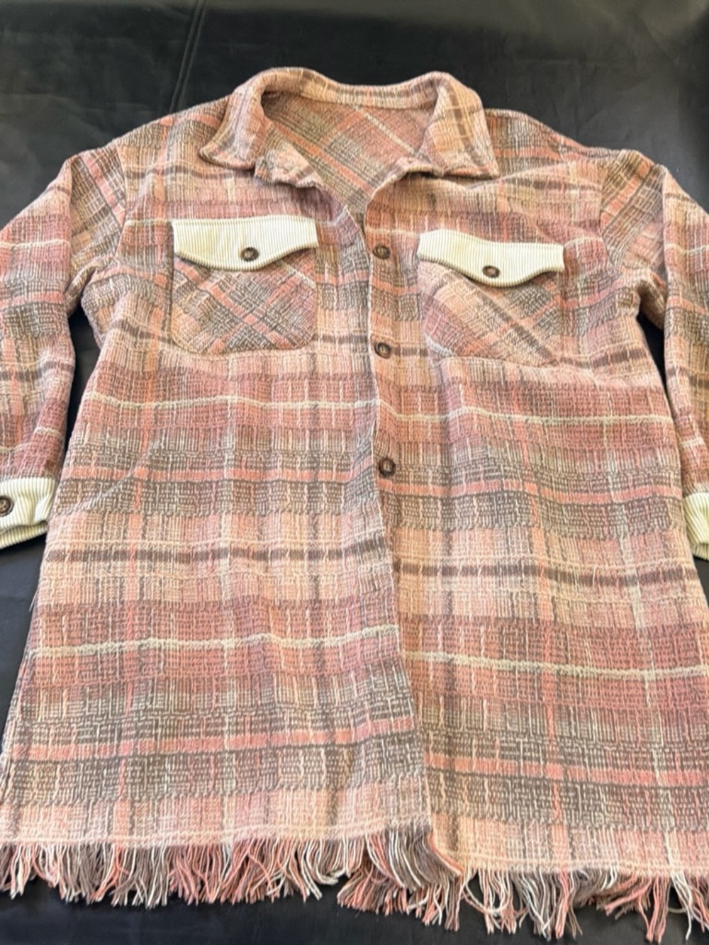 Women's Pink Plaid Fringe Shacket Jacket - Unbranded